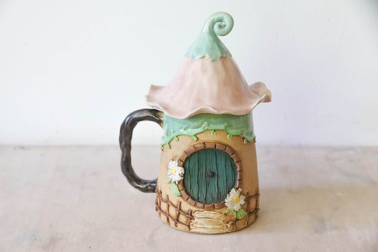 Pink Flower Hobbit House Stoneware Mug