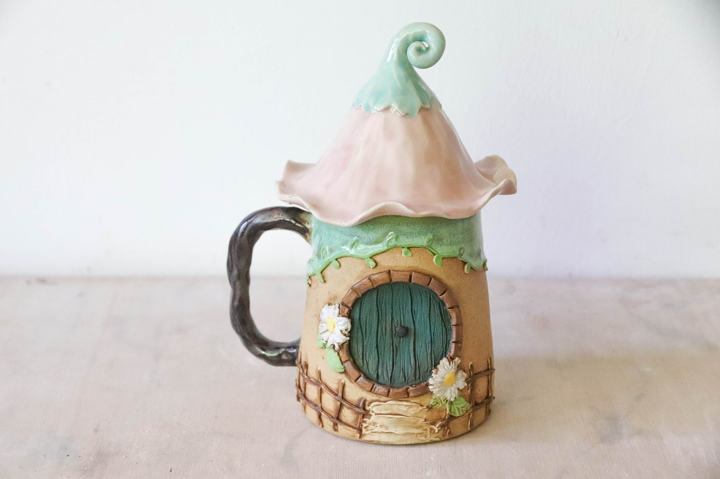 Pink Flower Hobbit House Stoneware Mug