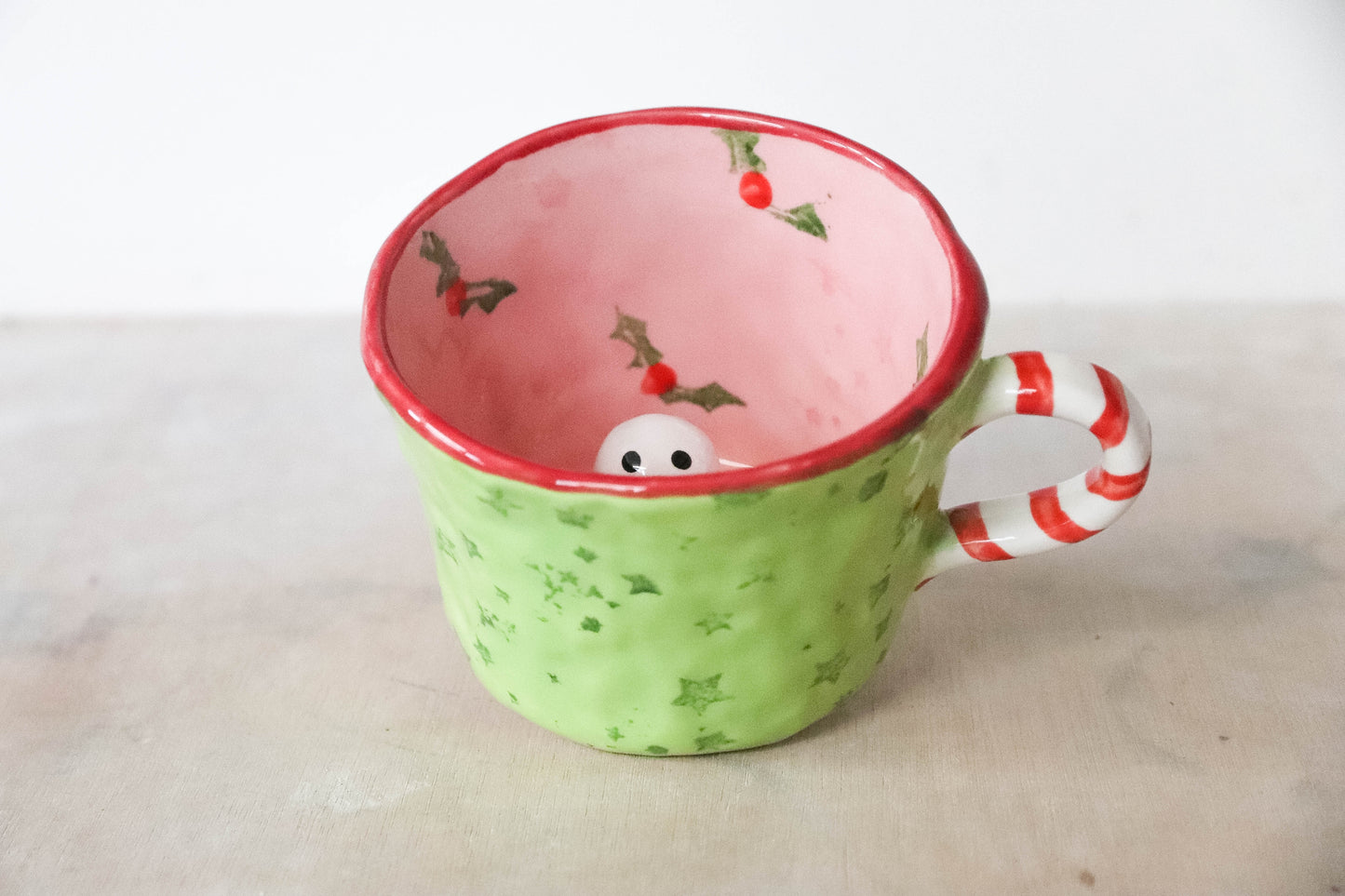 Peekaboo Snowman Pink Green Grinch Mug