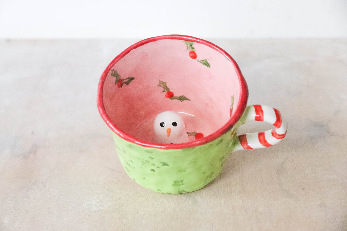 Peekaboo Snowman Pink Green Grinch Mug