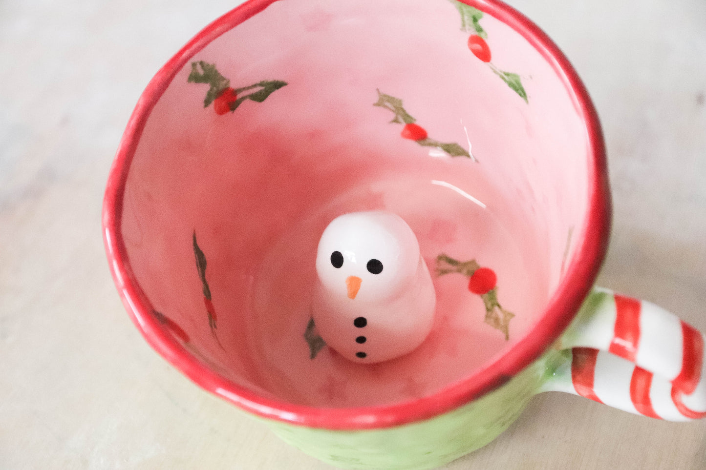 Peekaboo Snowman Pink Green Grinch Mug