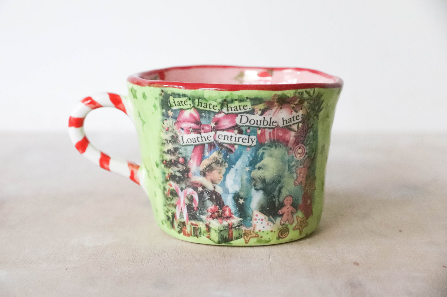 Peekaboo Snowman Pink Green Grinch Mug