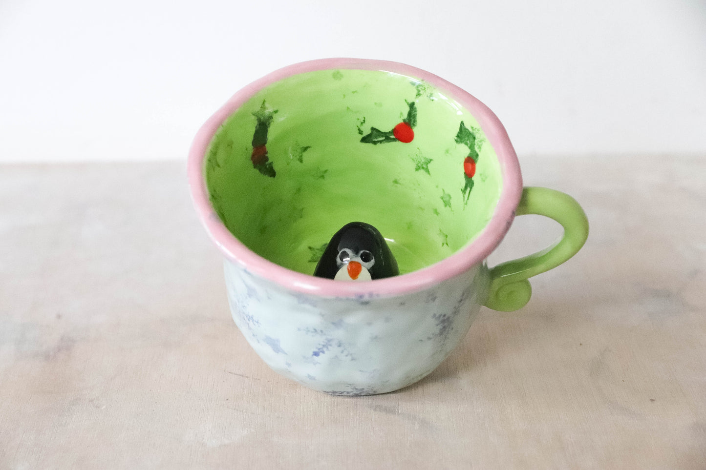 Peekaboo Penguin Green Blue Grinch Mug