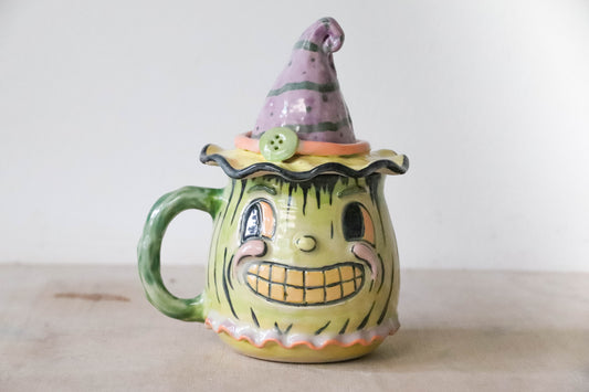 Green Pumpkin Head Stoneware Pot