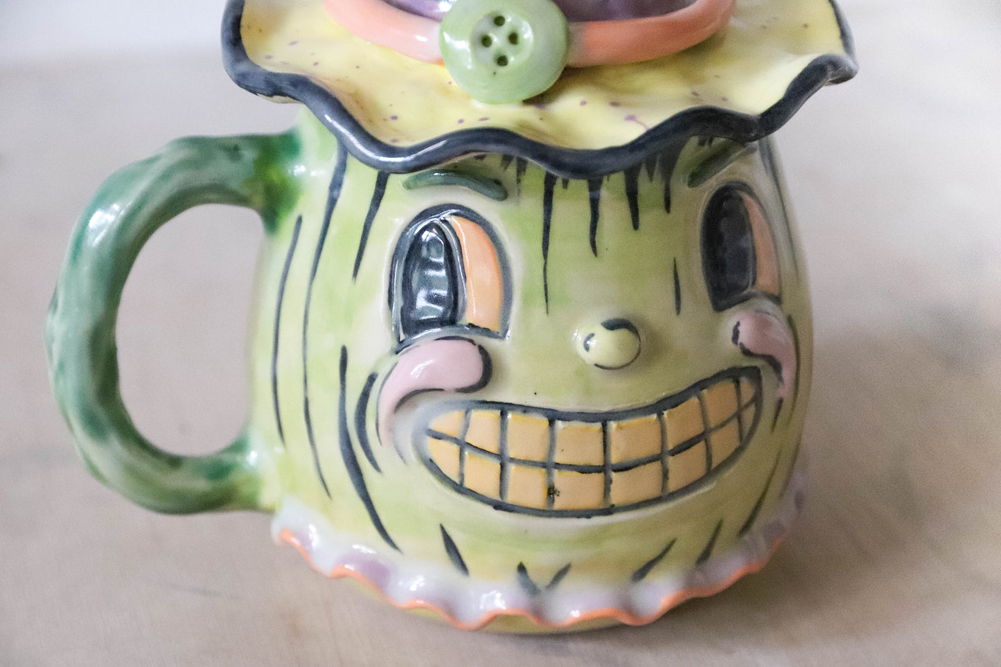 Green Pumpkin Head Stoneware Pot