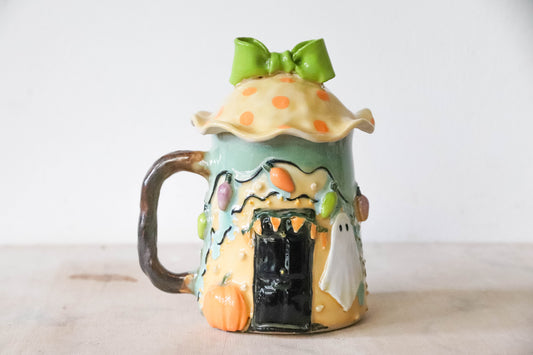 Halloween House Stoneware Pot